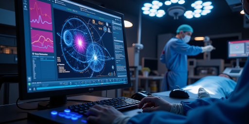 Healthcare AI solution interface showing patient data analysis, medical imaging results, and diagnostic recommendations, clean medical software design